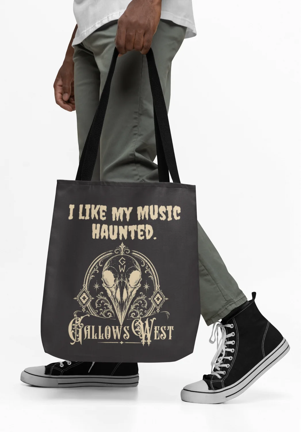 Black I Like My Music Haunted Gallows West tote bag