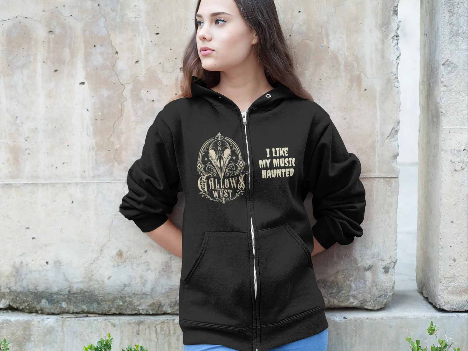Model wearing a black Gallows West I Like My Music Haunted zip hoodie