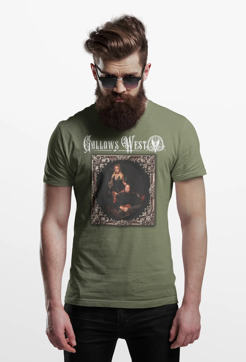 Model wearing an olive Gallows West portrait T-shirt